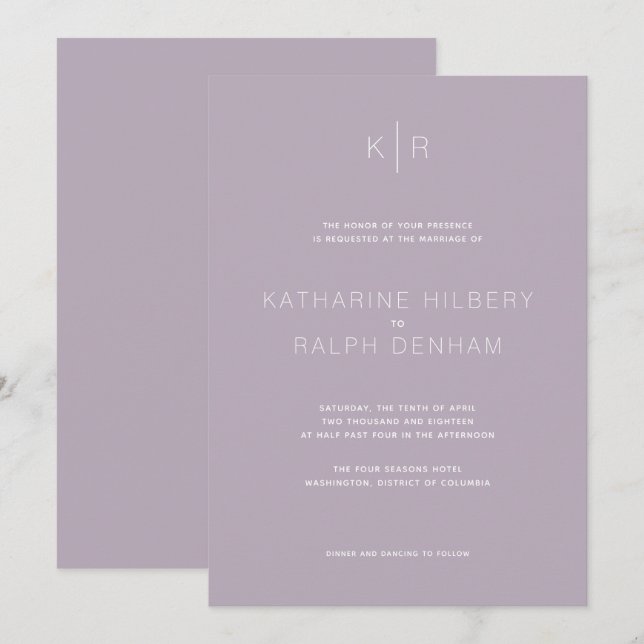 Einfache moderne Dusty Lilac Hochzeitseinladung Einladung (Vorne/Hinten)