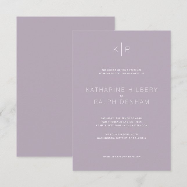 Einfache moderne Dusty Lilac Hochzeitseinladung Einladung (Vorne/Hinten)