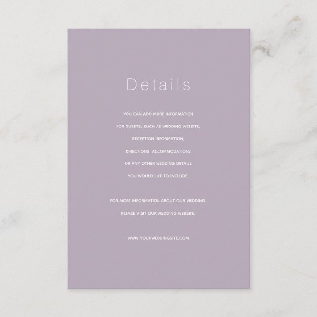 Einfache moderne Dusty Lilac Wedding Details Card Begleitkarte (Vorderseite)
