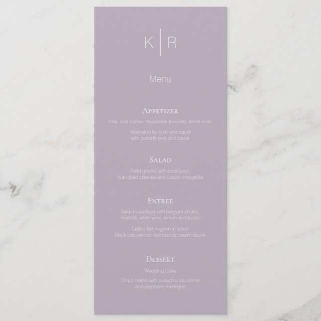 Einfache moderne Dusty Lilac Wedding Menu Card Menükarte (Vorderseite)