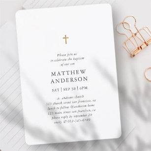 Einfache moderne Elegant Cross Baby Boy Taufe Einladung
