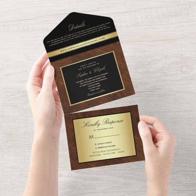 Einfache moderne Elegante Black Gold Hochzeit All In One Einladung (Abreißen)