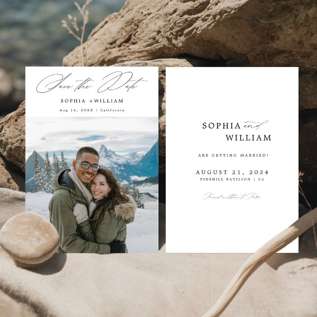 Einfache moderne, elegante Script Winter Foto Hoch Save The Date (Von Creator hochgeladen)