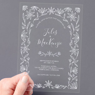 Einfache moderne Floral Line Art Weiße Hochzeit Acryleinladungen
