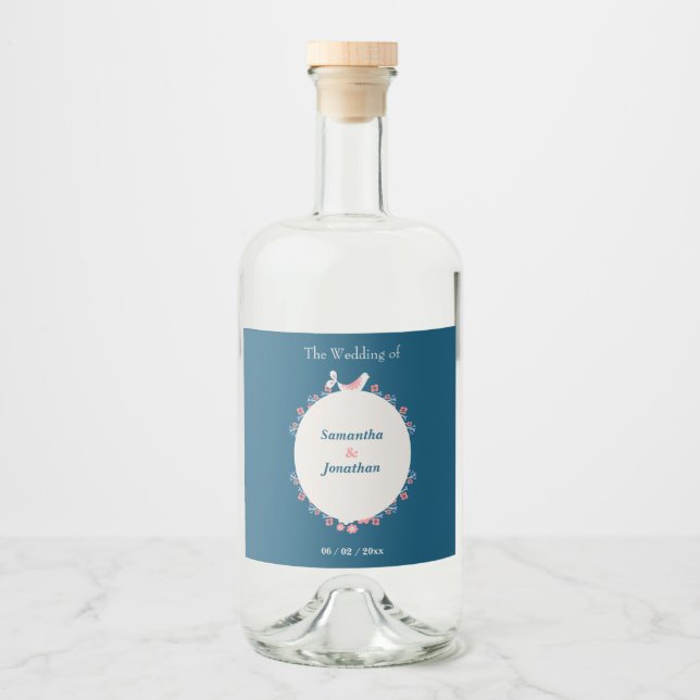 Einfache moderne Folk Style Blue Wedding Alkoholflaschenetikett (Vorderseite)