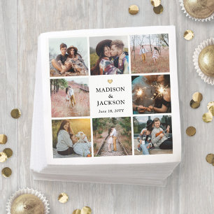 Einfache moderne Foto Collage und Gold Heart Weddi Serviette