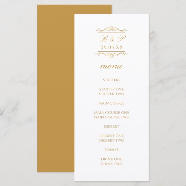 Einfache moderne goldene Monogramm-Hochzeits-Menük (Vorne/Hinten)