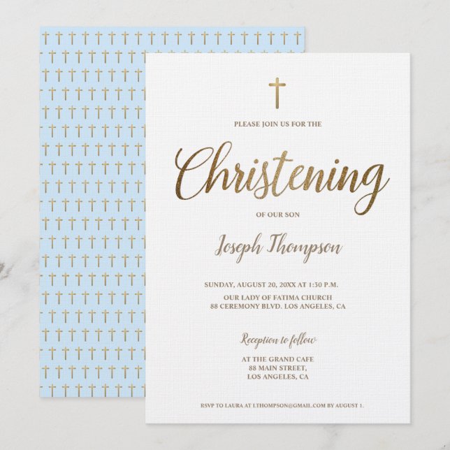 Einfache moderne Goldkreuz Junge blaue Weihnachten Einladung (Vorne/Hinten)
