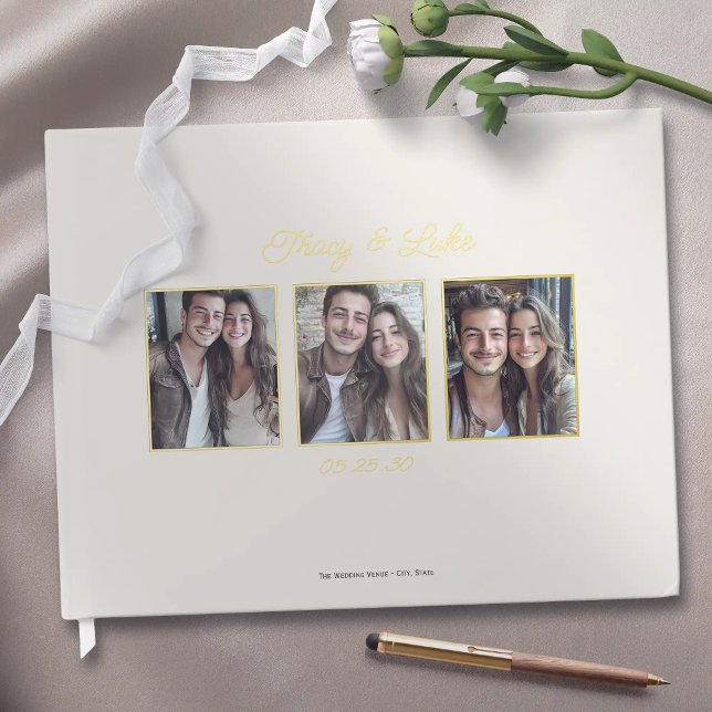 Einfache, moderne Goldrahmen mit drei Fotos Gästebuch (Simple Modern Gold Frame with Three Couple Photos Wedding Guest book. Elegant guestbook for wedding.)