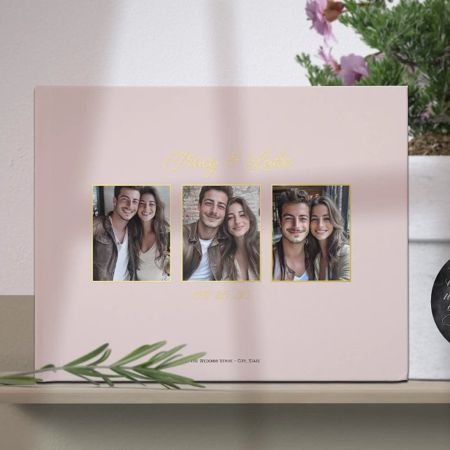 Einfache, moderne Goldrahmen mit drei Fotos Gästebuch (Simple Modern Gold Frame with Three Couple Photos Wedding Guest book. Elegant guestbook for wedding.)