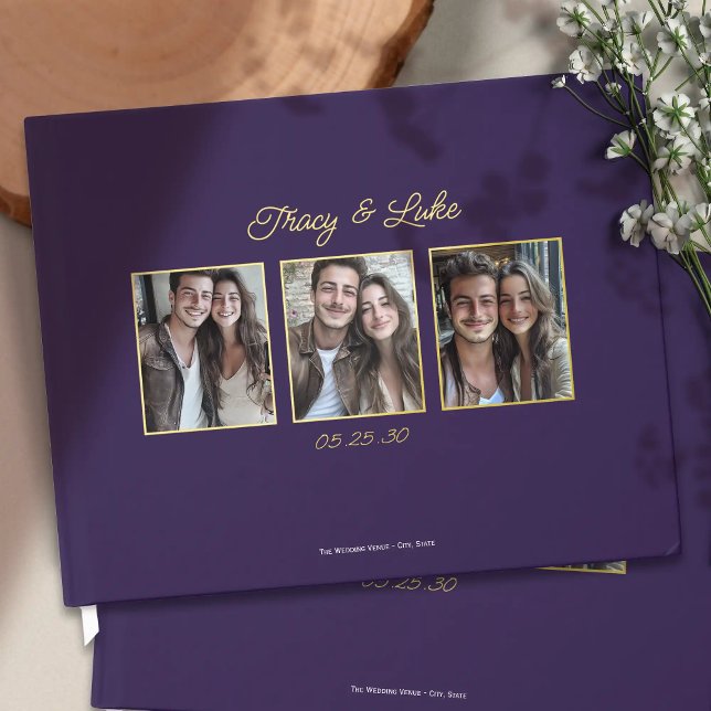 Einfache, moderne Goldrahmen mit drei Fotos Gästebuch (Simple Modern Gold Frame with Three Couple Photos Wedding Guest book. Elegant guestbook for wedding.)