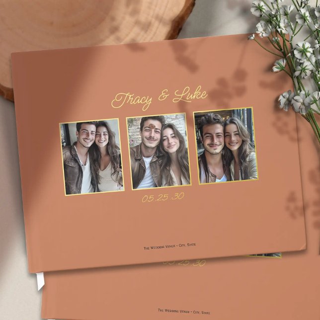 Einfache, moderne Goldrahmen mit drei Fotos Gästebuch (Simple Modern Gold Frame with Three Couple Photos Wedding Guest book. Elegant guestbook for wedding.)
