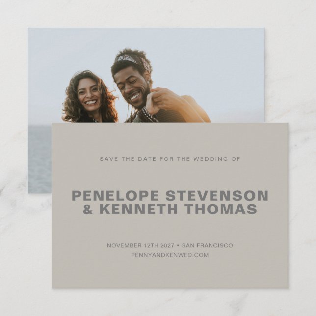 Einfache moderne graue Taupe neutrales Foto Hochze Save The Date (Vorne/Hinten)