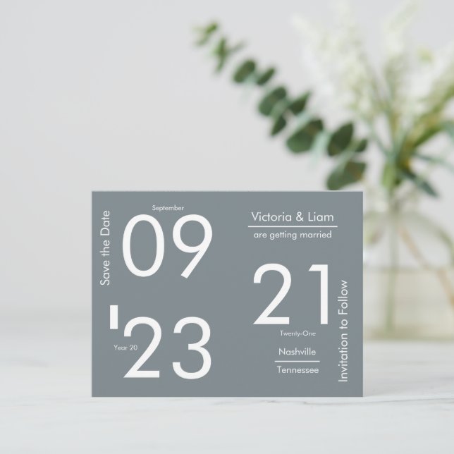 Einfache moderne graue Typografie Save the Date An Ankündigungspostkarte (Stehend Vorderseite)