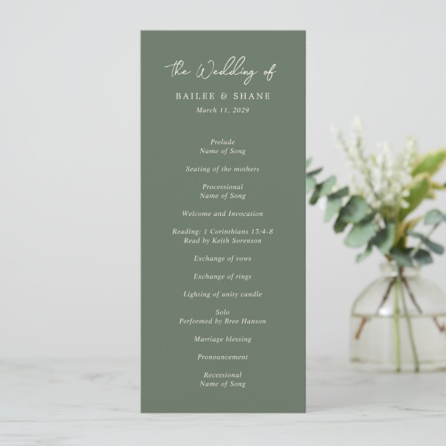 Einfache moderne grüne Hochzeit in Olivenfarbe Programm (Stehend Vorderseite)