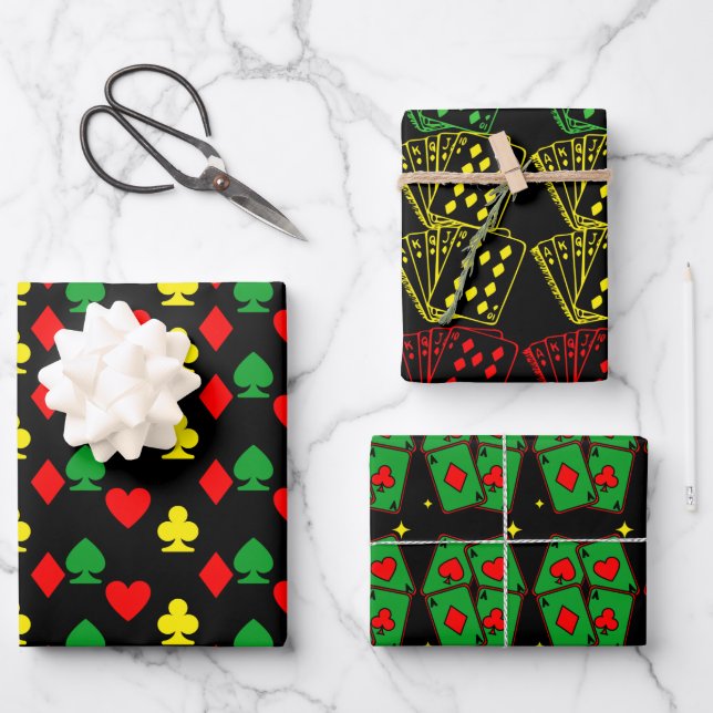 Einfache, moderne, grüngelbe rote Spielkarten Geschenkpapier Set (Vorderseite)
