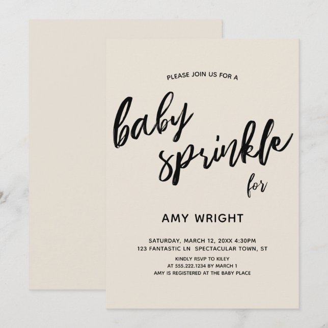 Einfache moderne Handschrift Baby Sprinkle Creme Einladung (Vorne/Hinten)