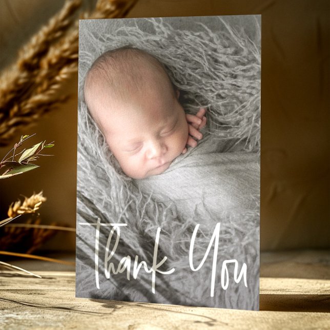 Einfache moderne Handschrift Foto Baby Dankeskarte (Simple baby photo shower thank you card.)