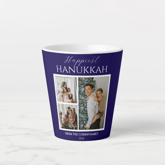 Einfache Moderne Happiest Hanukkah Elegant 3 Foto Milchtasse (Vorderseite)