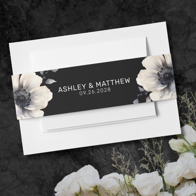 Einfache moderne Hochzeit der Schwarzen Flora Einladungsbanderole (Simple Modern Elegant Black Floral Wedding Invitation Belly Band)