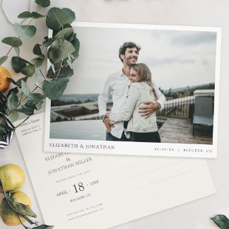 Einfache moderne Hochzeit im Foto retten das Datum Einladungspostkarte