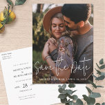 Einfache moderne Hochzeit mit vollem Foto retten d Einladungspostkarte<br><div class="desc">Diese einfache, stilvolle Hochzeit des modernen Fotos speichern das Datum Postkartenvorlage "Save the Date" in einem lebendigen Schrift über Ihren Namen und Datum auf der Vorderseite der Karte in Weiß. Dieses Design ist vollständig editierbar. Die standardmäßige Textfarbe auf der Rückseite ist schwarz. Neben der Bearbeitung des Designs, um Ihr eigenes...</div>