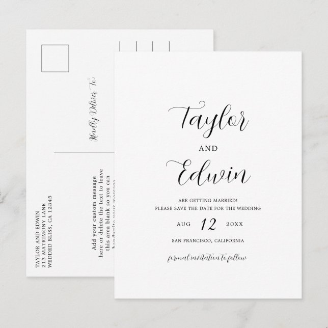 Einfache moderne Hochzeit spart das Datum Ankündigungspostkarte (Vorne/Hinten)