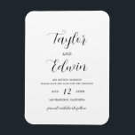 Einfache moderne Hochzeit spart das Datum Magnet<br><div class="desc">Moderne Schwarz-Weiß Hochzeit Save The Date Magnet mit einem einfachen und minimalistischen Layout mit Ihren Namen in einem eleganten Kalligraphie-Skript und Ihre Hochzeitsdetails unten in einem modernen Format. Eine Nicht-Foto-Option für ein Paar,  das Save the Date ohne Bilder will.</div>