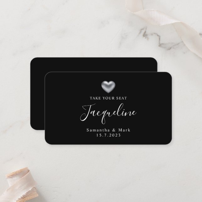 Einfache moderne Hochzeitssilber Herzflatter Platz Platzkarte (Vorderseite/Rückseite Beispiel)