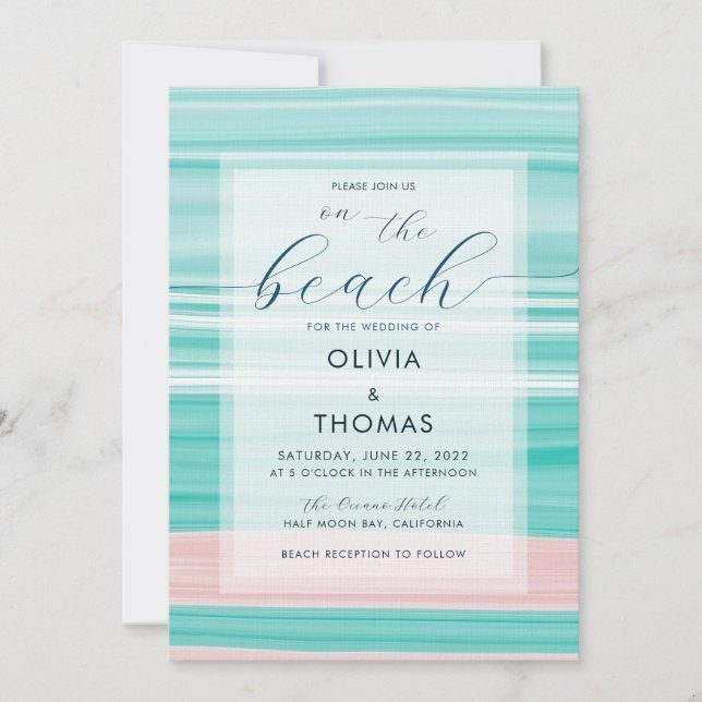 Einfache moderne Kalligrafie Aqua Pink Ocean Weddi Einladung (Vorderseite)