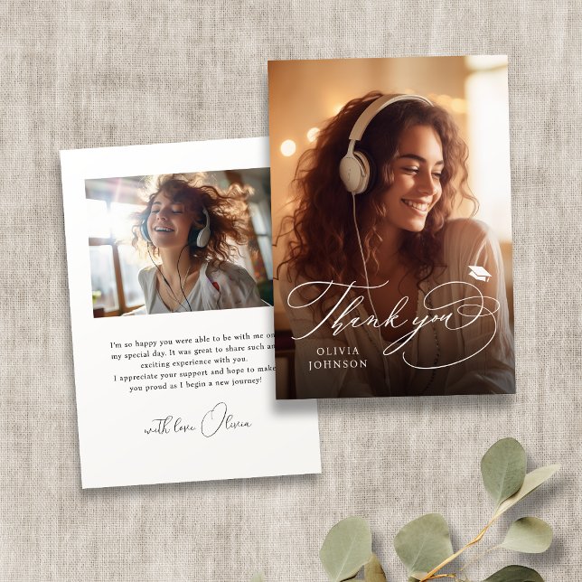 Einfache moderne Kalligrafie Foto Abschluss Dankeskarte (Simple Modern Calligraphy Photo Graduation Thank You Card)