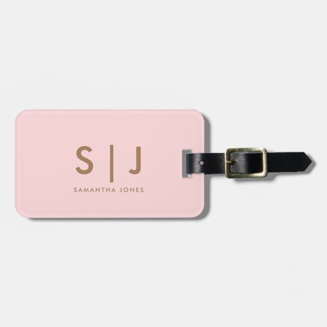 Einfache, moderne Minimal-Monogramm-Rosa und Gold Gepäckanhänger (Vorderseite horizontal)