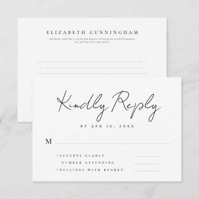 Einfache moderne Minimalistische Erinnerungen Gede RSVP Karte (Vorne/Hinten)