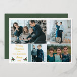 Einfache moderne Minimalistische Frohe Weihnachten Folien Feiertagskarte<br><div class="desc">Einfaches,  modernes "Merry Christmas" "Family"-Design mit vier Foto-Collage und Ihrem Familiennamen und dem Jahr in echter Goldfolie auf weißem Hintergrund. Zurück ist ein bearbeitbarer dunkeljade grüner Hintergrund. Composite Design von Holiday Hearts Designs (Rechte vorbehalten) mit Template-Platzhalter-Fotos via Ann Danilin und Tanya Dusett via Unsplash.</div>