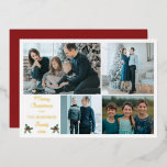Einfache moderne Minimalistische Frohe Weihnachten Folien Feiertagskarte<br><div class="desc">Einfaches,  modernes "Merry Christmas" "Family"-Design mit vier Foto-Collage und Ihrem Familiennamen und dem Jahr in echter Goldfolie auf weißem Hintergrund. Zurück ist ein bearbeitbarer dunkelbeerroter Hintergrund. Composite Design von Holiday Hearts Designs (Rechte vorbehalten) mit Template-Platzhalter-Fotos via Ann Danilin und Tanya Dusett via Unsplash.</div>