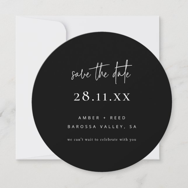 Einfache moderne Minimalrunde, schwarz und weiß Save The Date (Vorderseite)