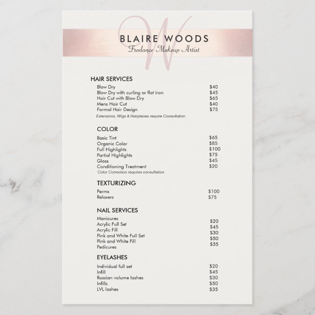 Einfache moderne Monogram Rose Gold Price List Men Flyer (Vorne)