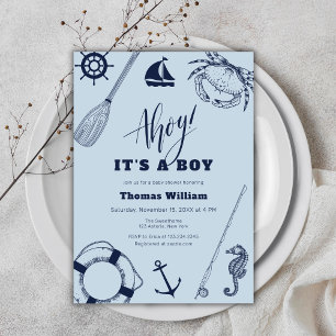 Einfache moderne Nautical Fishing Boy Baby Dusche Einladung
