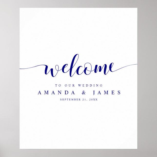Einfache moderne Navy Blue Script Hochzeit Willkom Poster (Vorne)