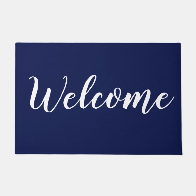 Einfache moderne Navy Blue Script Typografie Willk Fußmatte (Vorderseite)