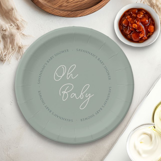 Einfache moderne Oh Baby Script-Sage Grüne Dusche Pappteller (Oh Baby paper plates from my Tricolor Baby Shower Collection)