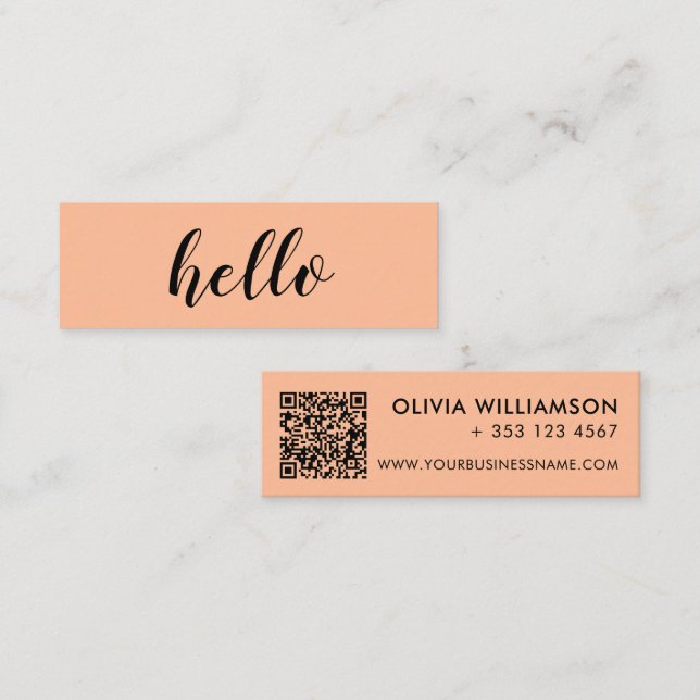 Einfache, moderne Peach Hello QR Code Mini Visitenkarte (Vorne/Hinten)