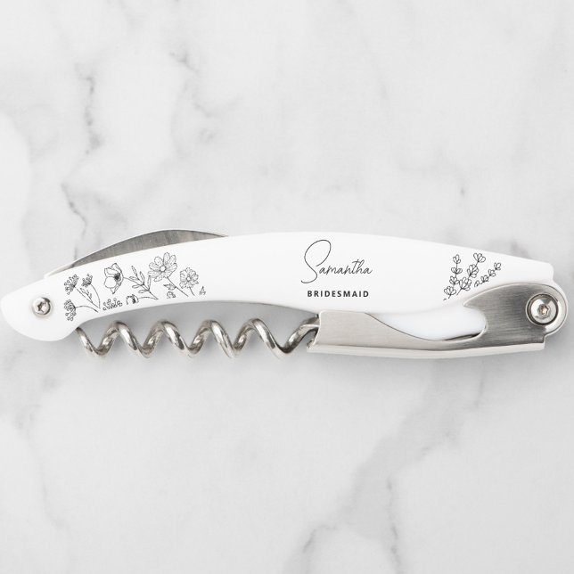 Einfache moderne Personalisierte Bridesmaid-Floral Kellnermesser (Elegant Personalized Wine Corkscrew Opener, Perfect Gift for Bridesmaids, Maid of Honor, Weddings)