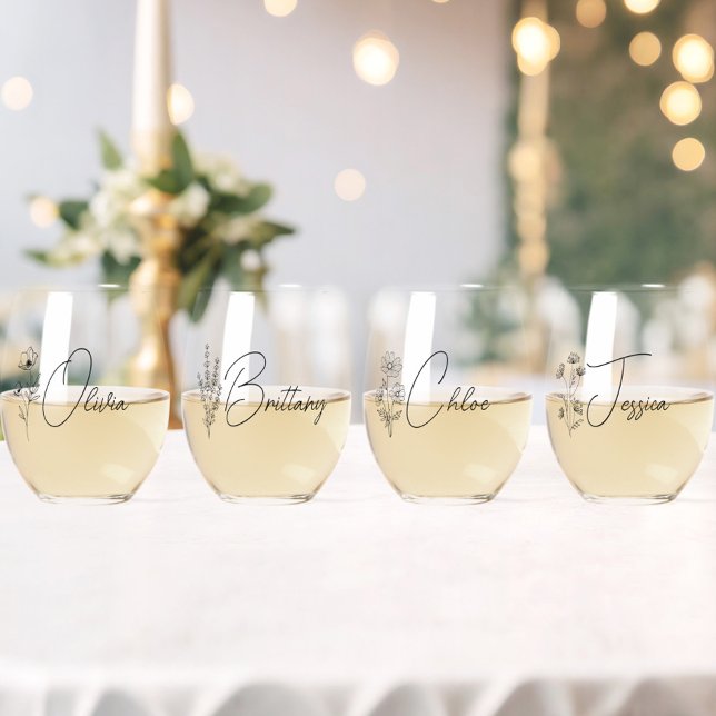 Einfache moderne Personalisierte Bridesmaid-Floral Weinglas Ohne Stiel (maid of honor wine glass,bridesmaid wine glass with name,wildflower floral bridesmaid gifts,)