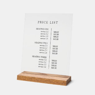 Einfache moderne professionelle Speisekarte Preisl Acrylschild