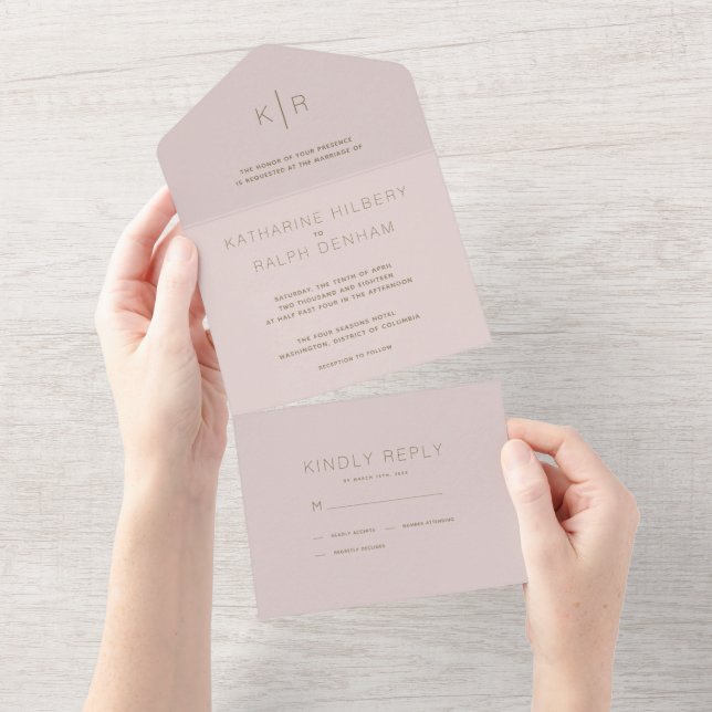 Einfache moderne rosa Beige Hochzeit All In One Einladung (Abreißen)