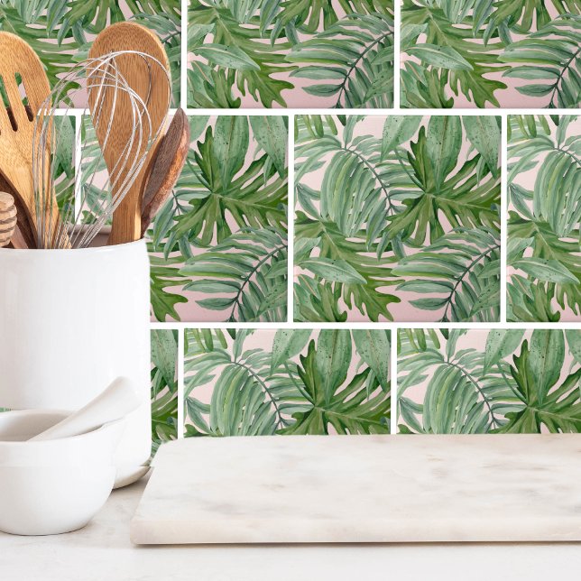 Einfache, moderne, rosa Palmblätterblätter tropisc Fliese (Trendy Tropical Pink Paradise Palm Leaves Pattern Ceramic Tile)
