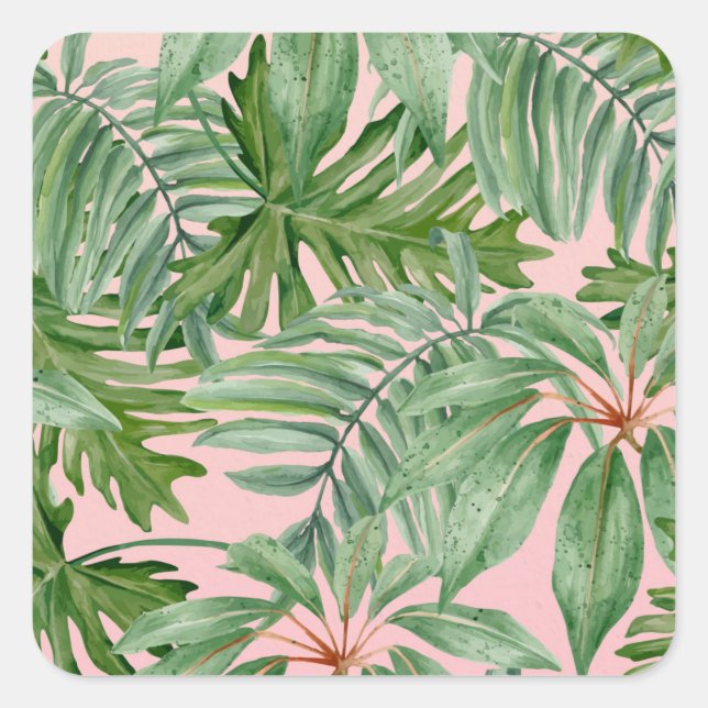 Einfache, moderne, rosa Palmblätterblätter tropisc Quadratischer Aufkleber (Vorderseite)