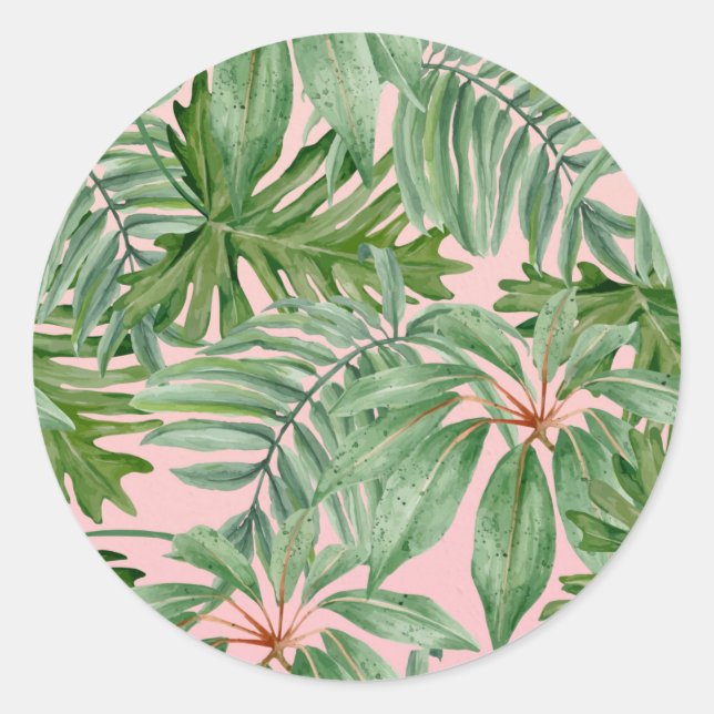 Einfache, moderne, rosa Palmblätterblätter tropisc Runder Aufkleber (Vorderseite)