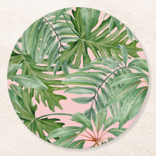 Einfache, moderne, rosa Palmblätterblätter tropisc Runder Pappuntersetzer (Vorderseite)